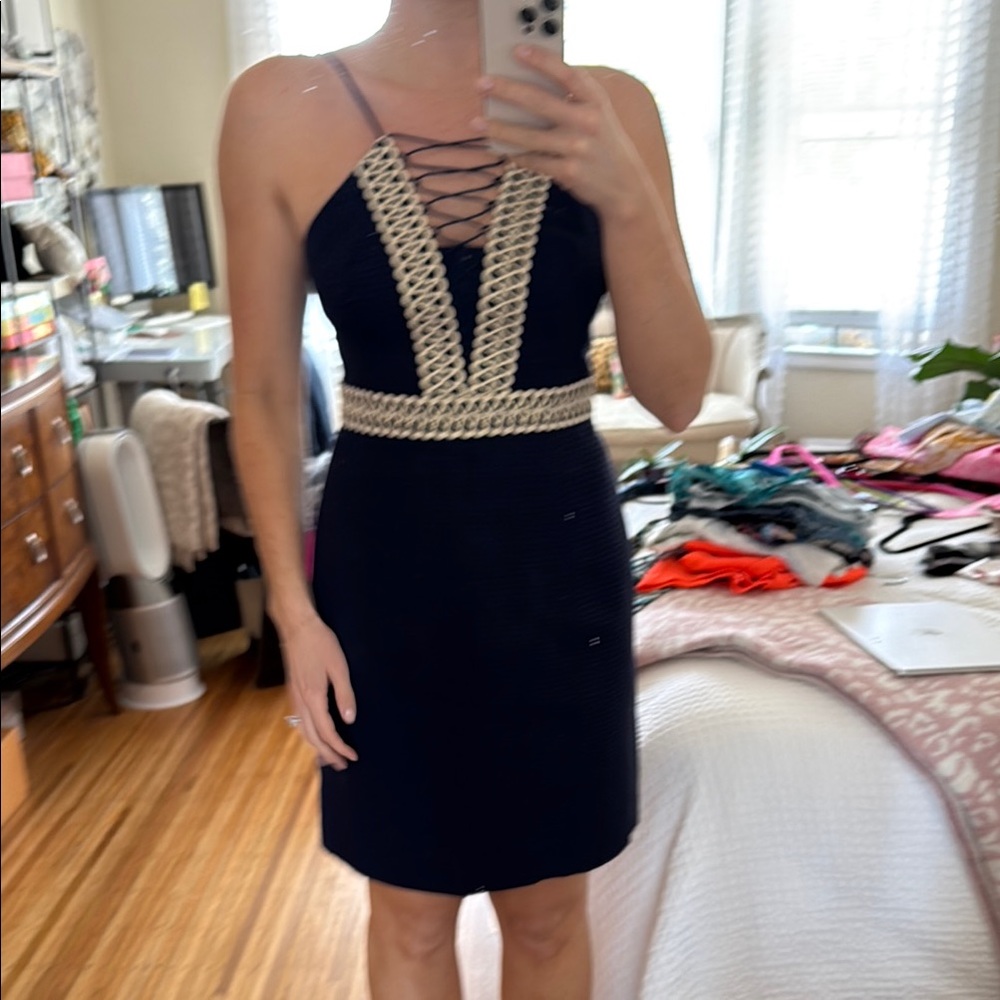 Lilly Pulitzer Blue and Cream Sheath Mini Dress Halter Neck Cocktail